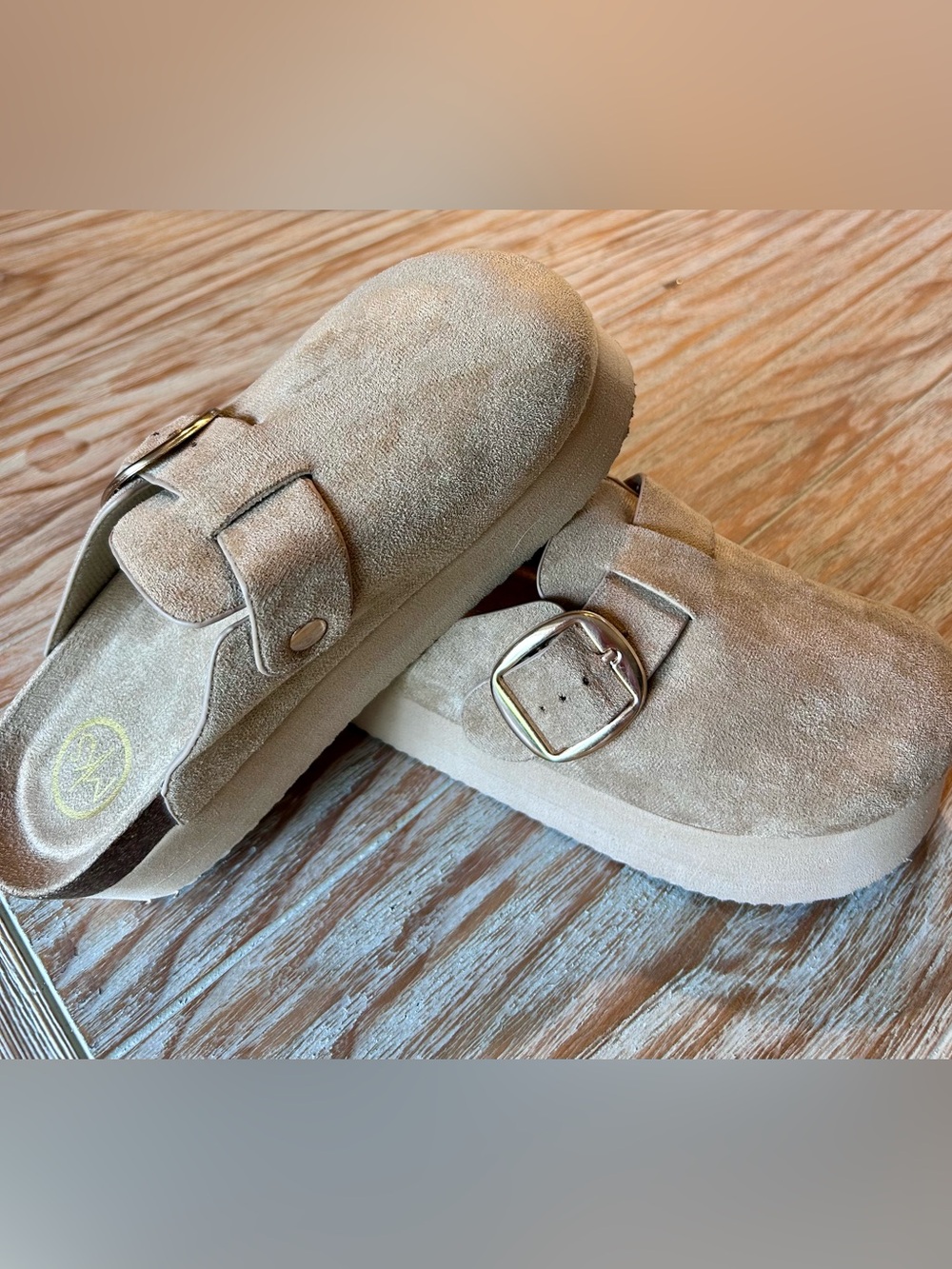 Beige Suede Platform Mule with Buckle - Women - Picture 5 of 6